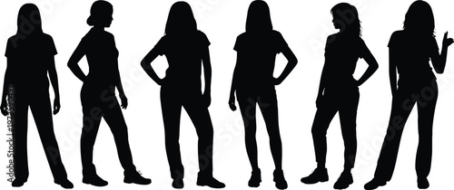 women silhouettes standing poses casual female people fashion style girls black isolated vector illustration collection set