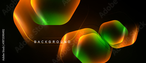 Abstract shapes overlap, glowing orange, green hues dominate dark background. Modern design element, dynamic composition.