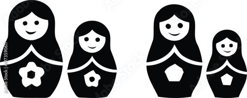 Traditional black and white matryoshka dolls arranged in a row with floral designs isolated on white background, Vector