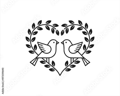 Wedding Symbol Two Birds and Heart with Branches Vector