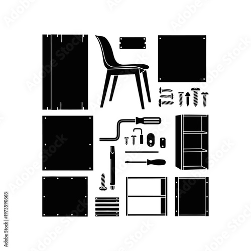 assembly furniture components and tools for a flat pack do it yourself home improvement kit illustration