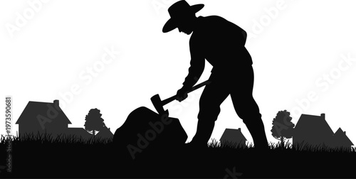 Wood chopping silhouette, rural figure, countryside scene, axe motion, outdoor activity, rustic lifestyle, monochrome illustration, house background, tree design, strength posture