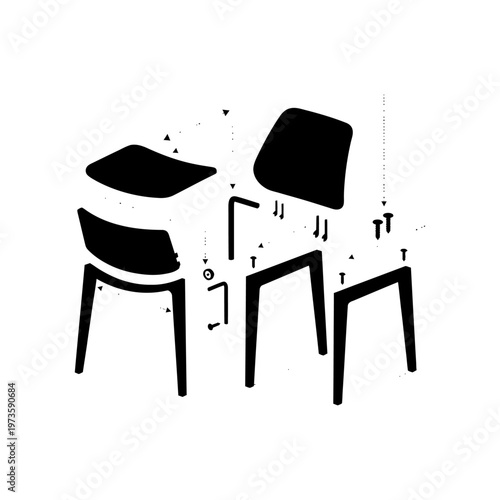 assembly furniture chair assembly in an exploded view detailing parts for product design and easy diy installation.