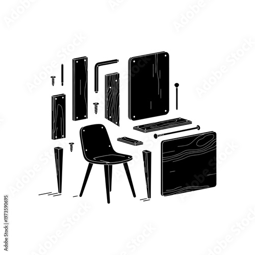 assembly furniture concept with flat pack components including a chair and table pieces laid out with tools for diy home improvement