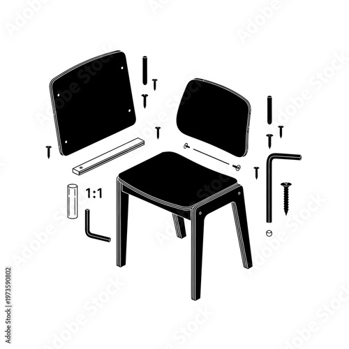 furniture assembly with an exploded view of flat pack diy furniture parts for an instruction manual diagram illustrating self-assembly.