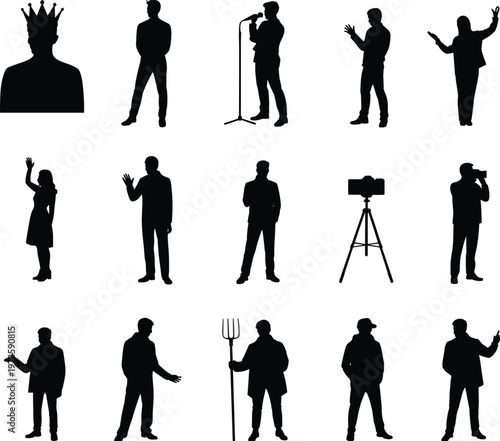 people silhouettes set singer presenter cameraman king speech gestures men black isolated vector illustration collection performance media