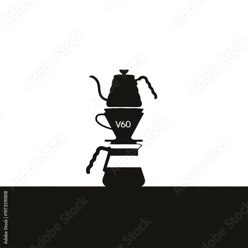 graphic black and white v60 pour over coffee brewing setup silhouette showcasing a gooseneck kettle dripper and server.