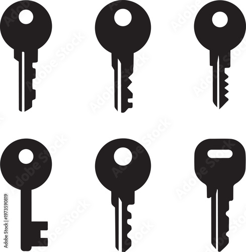 Black keys set, key icons, house keys, lock keys, vector keys