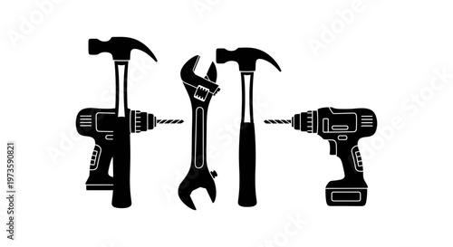 graphic silhouettes of construction tools hammer drill and wrench for home improvement and DIY.