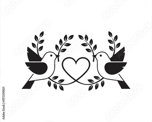 Two Black Doves with Heart and Olive Branches Silhouette Vector Illustration