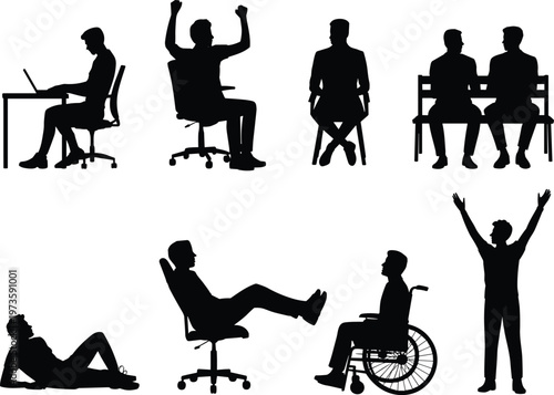 people silhouettes set sitting working relaxing wheelchair celebration poses human activity black isolated vector illustration collection lifestyle