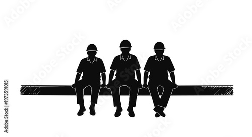 three construction workers in hard hats sitting on a beam depicting labor teamwork and break time in a graphic silhouette illustration