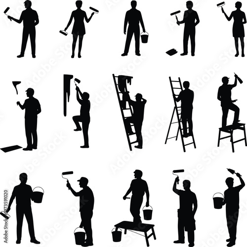 painter worker silhouettes set ladder roller brush bucket painting service labor industrial people black isolated vector illustration collection