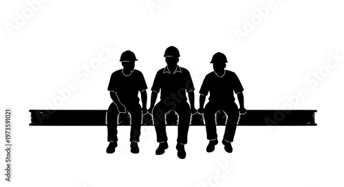 three construction workers taking a break sitting on a sturdy steel beam a powerful black silhouette representing hard work and industry