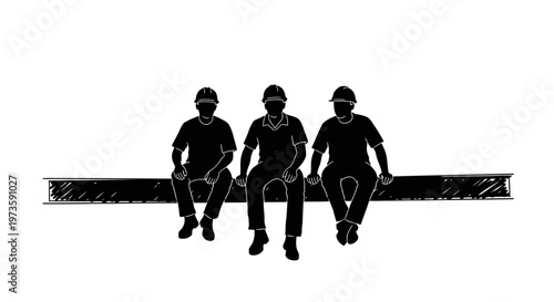 three construction workers in hard hats sitting on a steel beam during a work break depicting industrial labor and solidarity.