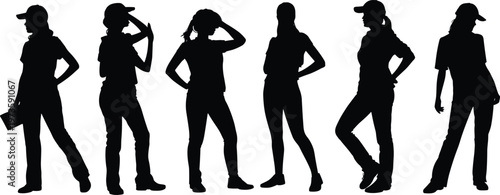 women silhouettes casual standing poses female people fashion style girls black isolated vector illustration collection set