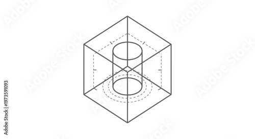 a 3d isometric cube diagram with a cylindrical cutout illustrating engineering or architectural blueprint design principles.