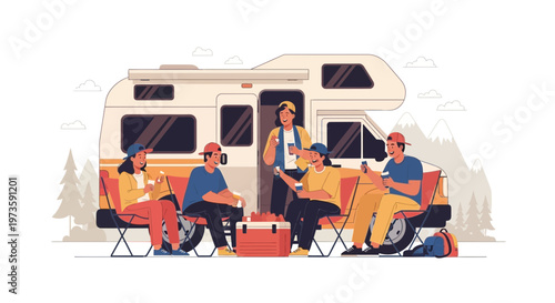 Friends enjoying RV camping trip, relaxing outdoors by motorhome with mountains in background