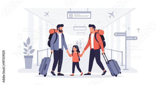 Gay couple with daughter traveling at airport, holding hands, pulling luggage