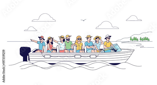 Group of friends enjoying a boat trip on a sunny day, diverse people on a motorboat