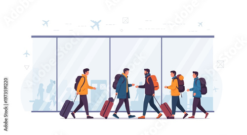 Group of diverse men with luggage walking at airport terminal, travel concept