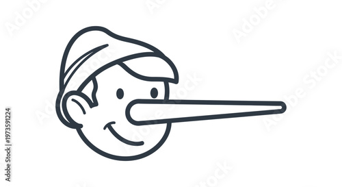 a cartoon pinocchio character head with a very long nose clearly symbolizing the act of telling a lie dishonesty and deception.