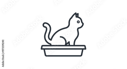 a cat litter box line icon depicting a domestic cat in a litter tray representing pet care and hygiene for animal health graphics.