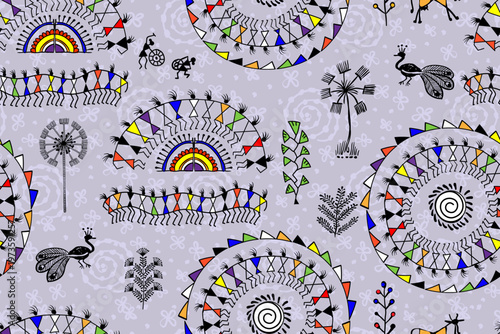 Seamless Warli tribal border pattern traditional Indian folk art. Ethnic village scene with people, animals and trees. Decorative vector ornament for textile, packaging, wallpaper and fabric design