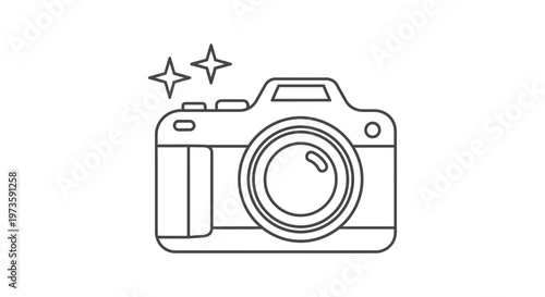 a clean line art camera icon with sparkles perfect for illustrating photography concepts or modern creative projects.