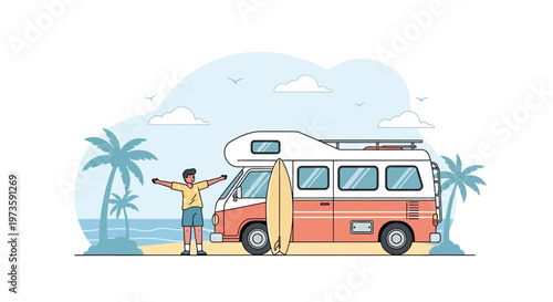 Happy man with surfboard and camper van on beach, summer vacation, travel lifestyle