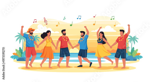 Happy people dancing on beach, tropical vacation, summer party, music and celebration
