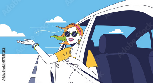 Happy woman enjoying car ride, wind in hair, sunglasses, road trip, freedom, summer vacation