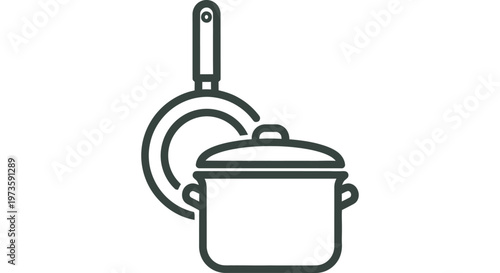 a clean line art icon depicting a cooking pot and frying pan essential kitchenware and culinary tools for home cooking