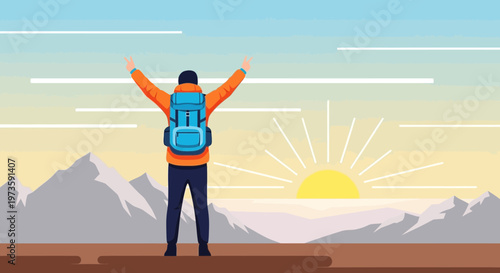 Hiker with arms raised celebrating sunrise in mountains, adventure and freedom