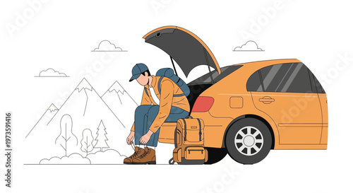 Hiker tying boots by car trunk, preparing for mountain adventure, scenic landscape background