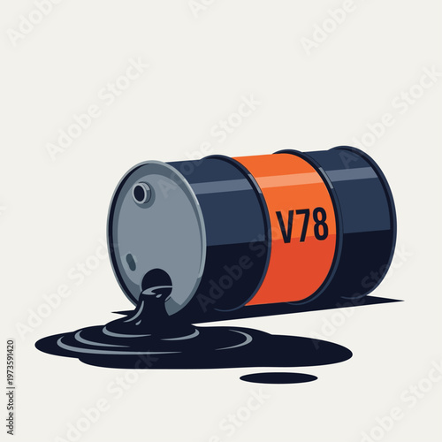 an oil barrel with a dangerous oil spill showing crude oil leaking onto the ground symbolizing environmental pollution and an industrial accident ideal for energy crisis and ecology discussions.