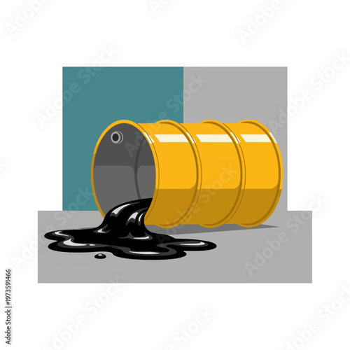 an oil spill from a yellow barrel leaking crude oil onto a gray floor illustrating environmental pollution and industrial waste