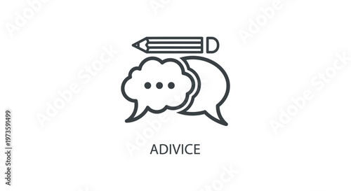 black and white line icon representing communication and advice with speech bubbles and a pencil for various educational and business concepts