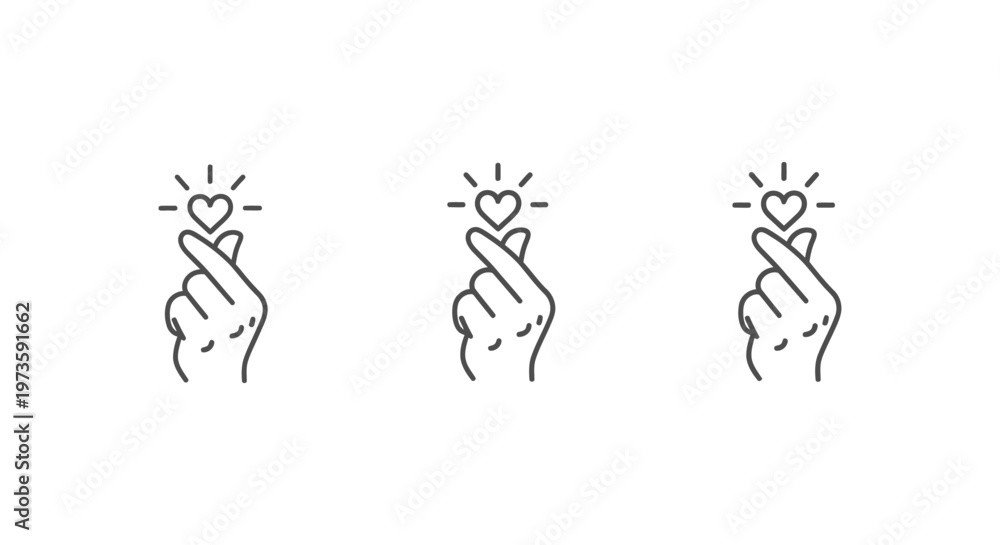 Fototapeta premium finger heart gesture line icon with a glowing heart a hand forming a popular korean love symbol for social media content.