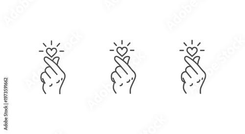 finger heart gesture line icon with a glowing heart a hand forming a popular korean love symbol for social media content.