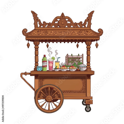 Traditional Thai street food cart with ornate wood carvings vector