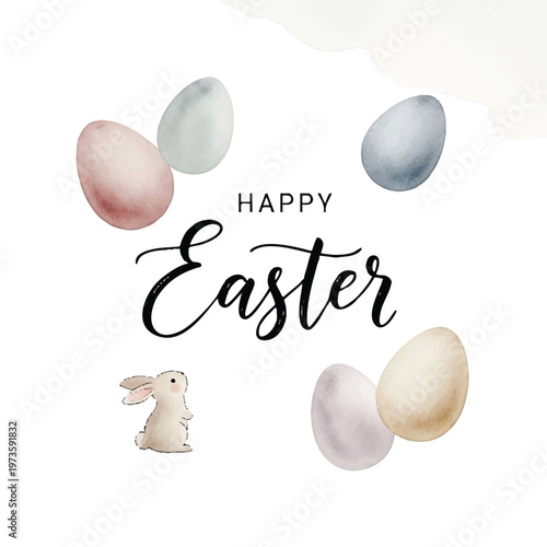 Watercolor Happy Easter Greeting with Pastel Eggs and Cute Bunny