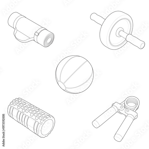 Isometric home gym accessory bundle linear drawing