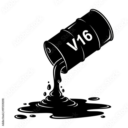 oil barrel with v16 marking spilling crude oil illustrating energy consumption and environmental pollution ideal for industrial themes.