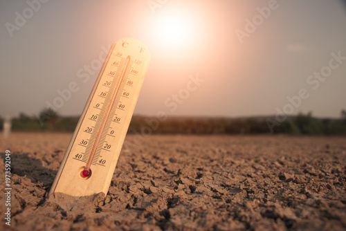 Cuadro en lienzo Scorching sunlight over arid land with a thermometer indicating dangerous heat levels and climate crisis