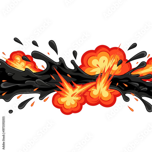 oil explosion and dangerous oil spill graphic illustration with fiery splashes representing environmental disaster and industrial hazard concept.