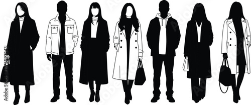 Winter fashion people silhouettes collection, men and women in coats jackets hoodies, stylish urban outfits, black shadow figures set