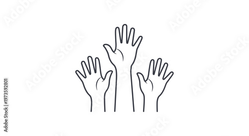 three raised hands line art illustration demonstrating active participation support and voting perfect for education or social issues campaigns
