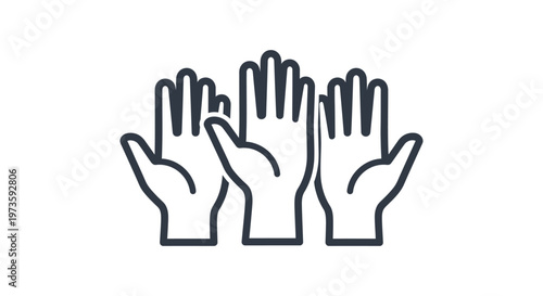 three raised hands icon symbolizing participation teamwork and community support ideal for illustrating social engagement and collective action.