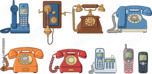 Collection of Vintage and Modern Telephones Including Rotary Wall Phone Landline Cordless and Mobile Devices for Communication Technology Design
